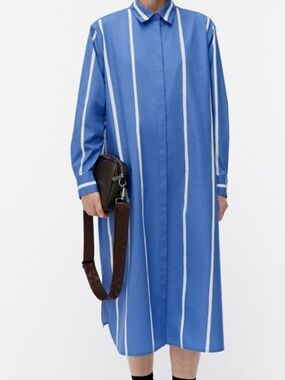 Marimekko Runoelma Puhveli Dress Stripe Midi Cotton Poplin Shirtdress Pockets